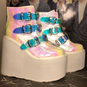 Demonia Swing 105 white holographic platforms